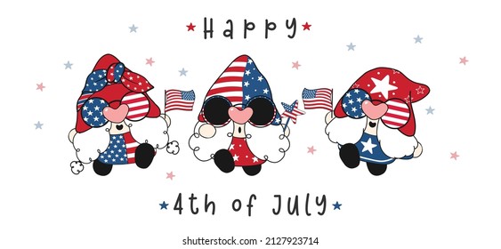 cute 4th of July America independence Gnomes with USA flag, cute fun cartoon drawing vector banner