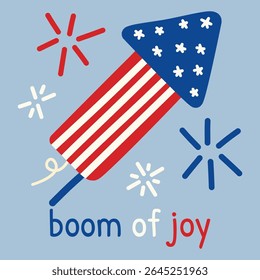 Cute 4th of July firework rocket with hand-drawn sparks and patriotic colors. Perfect for party graphics, kids crafts, and Independence Day printables.