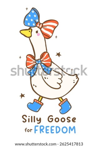 Cute 4th of July Girly Silly Goose with American Flag Bow Hand Drawn Doodle Illustration, siily goose for freedom