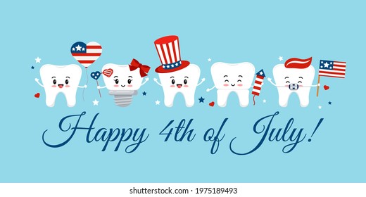 Cute 4th July teeth with accessories on dentist greeting card. White independence day teeth emoji implant, in braces in hat with flag, fireworks photo props. Flat design cartoon vector illustration. 