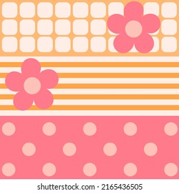 Cute 60 estilo tríptico retro azulejos con cuadrados, líneas de puntos y flores. 