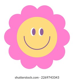 Cute 70s retro groovy flower. Smiling daisy isolated on white background. Hippie psychedelic vibes