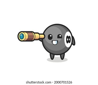süße 8-Ball-Billardfigur hält ein altes Teleskop , süßes Design für T-Shirt, Aufkleber, Logo-Element