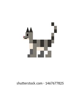 Cute 8 bit gray cat vector illustration. Pixel feline pet clipart. 