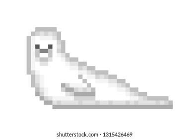 Cute 8 bit pixel art white baby harp seal character isolated on white background. Wildlife/zoo/national park northern semi-aquatic animal icon. Retro vintage 80s; 90s slot machine/video game graphics.