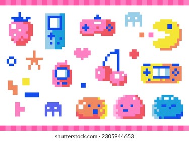 Cute 8 bit Pixel Art Stickers for the Retro Gaming Fun: Iconic 90s Video Game Elements, Monsters, Cherries, and Hearts. Perfect for Y2K, Old School, and Geek Girl Design Concepts. Pink and Blue Colors