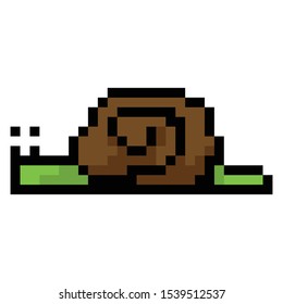 Cute 8 bit snail vector illustration. Garden mollusk pixel art. Retro game garden bug sprite.