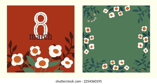 Cute 8 of march cards with white flowers. Spring floral frame background. International Women's Day concept. Colorful flat vector illustration for social media post, postcard, poster, invitation