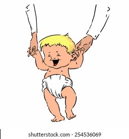 A cute 8 months boy is leading by his parents.