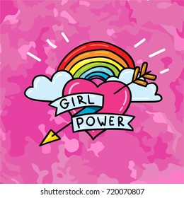 Cute 80s 90s comic style doodle sticker patch badge design of feminism symbol: heart with lgbt rainbow and lettering: "Girl Power" on grunge texture pink background. Print design concept template