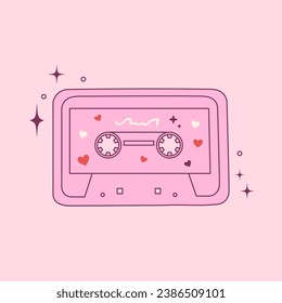 Cinta de audio rosa de las décadas de los 80 y 90 con un estilo ondulado. Pegatina de grabación de cinta. Símbolo de música pop. Ilustración vectorial para tarjeta, afiche, diseño de collage