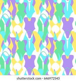 Cute 80s style geometric seamless pattern with neon swimsuits