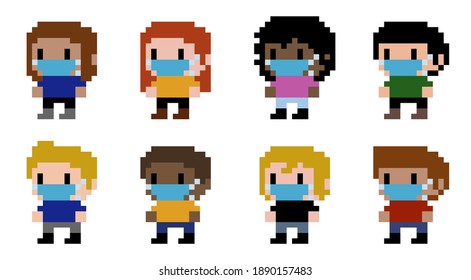 Cute 8-bit pixel people wearing face mask