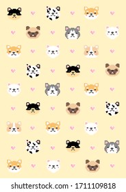 Cute 8-bit various dogs and pink heart shaped polka-dot patterns on yellow background