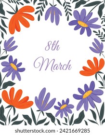 Cute 8th March greeting card with vector flowers