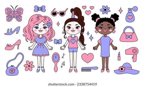 Cute chicas de los 90s estética accesorios de moda. Colección multirracial de muñecas y2k estilo caricatura para niños. Colores pastel chilenos. Ilustración vectorial vintage sobre fondo blanco