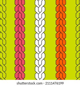 Cute 90s vibe seamless pattern with hand-drawn colorful chains or braids on neon yellow-green background. Trendy vector repeat ornament for textile, fabric, wrapping paper print and other design.