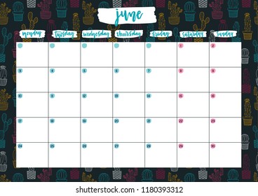 Cute A4 print ready calendar for June with notes. Monthly planner for 2019 year with neon cacti on dark background. Template vector illustration.