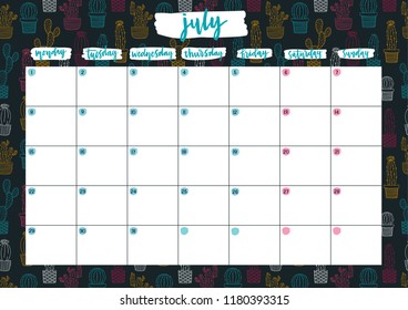 Cute A4 print ready calendar for July with notes. Monthly planner for 2019 year with neon cacti on dark background. Template vector illustration.