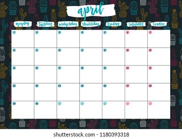 Cute A4 print ready calendar for April with notes. Monthly planner for 2019 year with neon cacti on dark background. Template vector illustration.