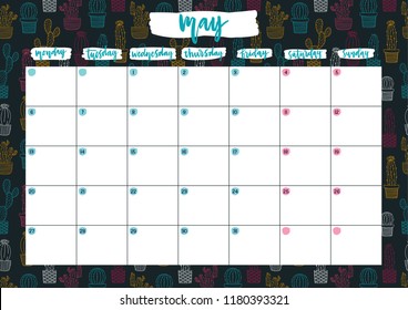 Cute A4 print ready calendar for May with notes. Monthly planner for 2019 year with neon cacti on dark background. Template vector illustration.
