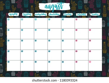 Cute A4 print ready calendar for August with notes. Monthly planner for 2019 year with neon cacti on dark background. Template vector illustration.