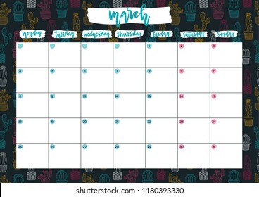 Cute A4 print ready calendar for March with notes. Monthly planner for 2019 year with neon cacti on dark background. Template vector illustration.