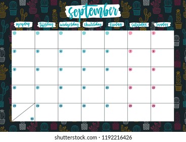 Cute A4 print ready calendar for September with notes. Monthly planner for 2019 year with neon cacti on dark background. Template vector illustration.