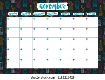 Cute A4 print ready calendar for November with notes. Monthly planner for 2019 year with neon cacti on dark background. Template vector illustration.