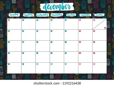 Cute A4 print ready calendar for December with notes. Monthly planner for 2019 year with neon cacti on dark background. Template vector illustration.