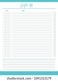 Cute A4 template for To Do List.
 Checklist concept for gifts organization. Planner Vector.