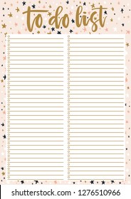 Cute A4 template for To Do List with lettering on decorative pastel background with stars. A4 print ready organizer with lined page and check boxes. Trendy self-organization concept for 2019 year.