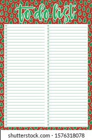 Cute A4 template for To Do List with lettering and Christmas trees background. A4 printable organizer with lined page and check boxes. Trendy self-organization concept for 2020 year.