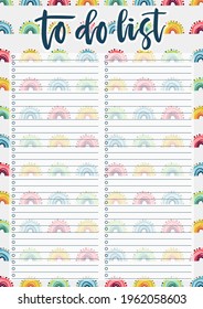 Cute A4 template for To Do List with lettering and hand drawn rainbows background. A4 print ready organizer with lined page and check boxes. Trendy self-organization concept for 2021 year.