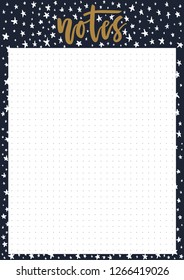 Cute A4 template for notes with lettering and decorative dark background with stars. Vector print ready organizer and schedule with doted page. Trendy self-organization concept illustration for 2019.