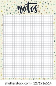 Cute A4 template for notes with lettering on pastel background with stars. Vector print ready organizer and schedule with squared page. Trendy self-organization concept illustration for 2019 year.