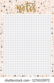 Cute A4 template for notes with lettering on pastel background with stars. Vector print ready organizer and schedule with squared page. Trendy self-organization concept illustration for 2019 year.
