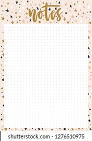 Cute A4 template for notes with lettering and decorative pastel background with stars. Vector print ready organizer and schedule with doted page. Trendy self-organization concept illustration for 2019