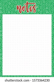 Cute A4 template for notes with lettering and Christmas trees background. Vector printable organizer and schedule with dotted page. Trendy self-organization concept illustration for 2020.