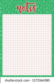 Cute A4 template for notes with lettering and Christmas trees background. Vector printable organizer and schedule with squared page. Trendy self-organization concept illustration for 2020.