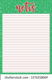 Cute A4 template for notes with lettering and Christmas trees background. Vector printable organizer and schedule with lined page. Trendy self-organization concept illustration for 2020.