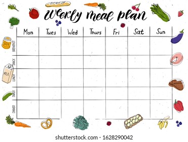 Cute A4 template for weekly and daily food planner with lettering and doodle drawings of food. Organizer and water checklist. Trendy concept of self-organization with graphic design elements.
