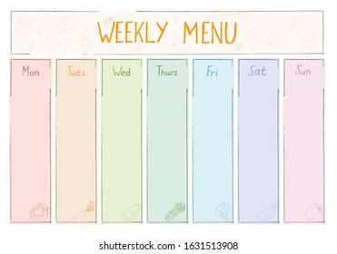 Cute A4 Template For Weekly And Daily Menu With Lettering And Doodle Drawings Of Food. Organizer And Water Checklist. Trendy Concept Of Self-organization With Graphic Design Elements.