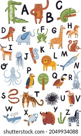 Cute ABC poster with animals vector illustration. Tiger, monkey, yak, elephant, quail, tiger, lion doodle drawings on white background. Flat wild and sea animals, vector alphabet poster