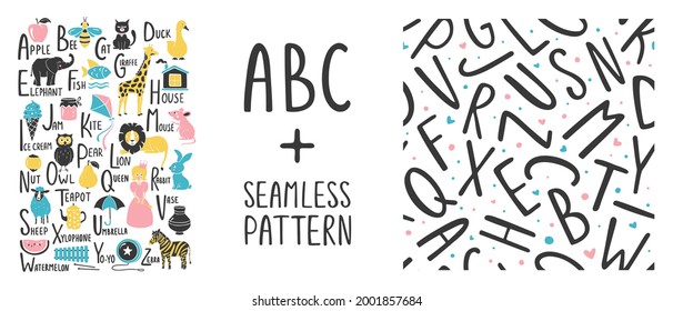 Cute ABC set. Bright English alphabet for children and typographic seamless pattern. Funny vector illustrations and handwritten letters