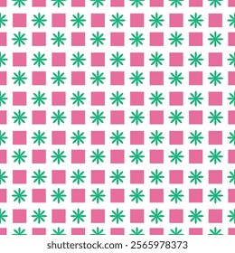 Cute abstarct seamless pattern with pink squres and green flowers alternating on white background