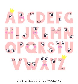 Cute abstract alphabet with cartoon eyes with lashes on white background.