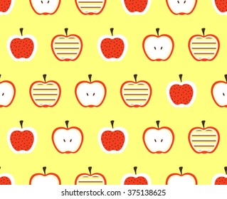 Cute abstract apple slice with stripes line and dots on yellow design background pattern background seamless wallpaper. Vector image