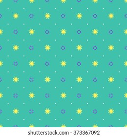 Cute abstract background with suns, stars and dots. Polar blue night sky. Nice seamless pattern in vector. Space illustration can be used for design, wrapping, print, fabric, web, kids, etc.