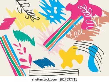  Cute abstract backgrounds. Hand drawn various shapes and doodle objects. Contemporary modern trendy vector illustrations. Every background is isolated. Pastel colors.